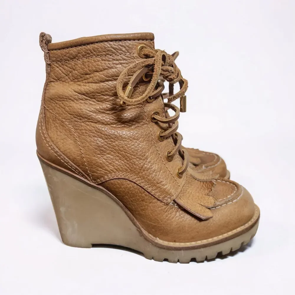Tory Burch Howard Tan Leather Fringe Lug Wedge Boots Women’s 6